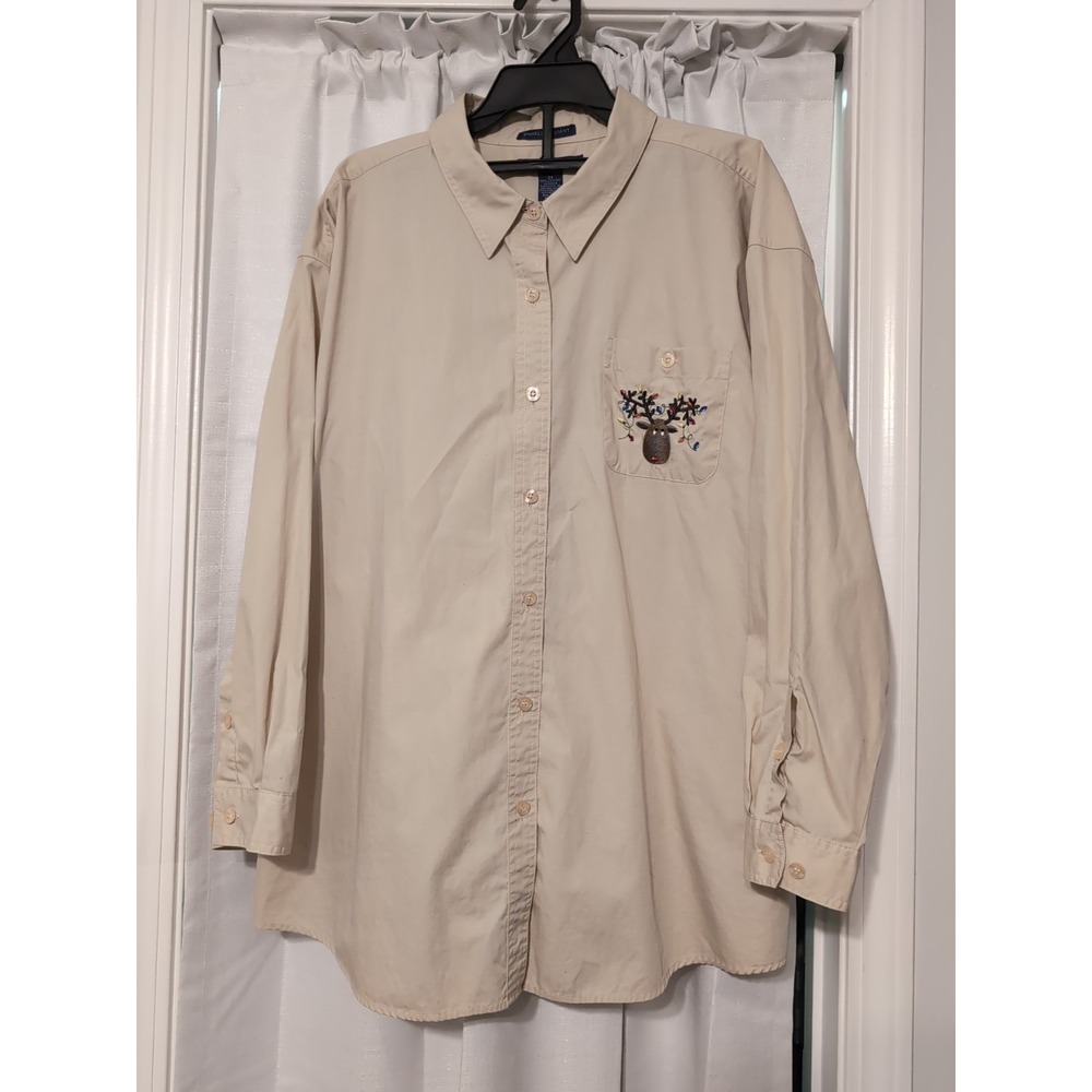 Mountain‎ Lake Men's Embroidered Reindeer Button Up Beige Long Sleeve Shirt 2XL